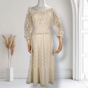Vintage 70s Lace Puff Sleeve Midi Dress Size 4 Boho Wedding Cocktail